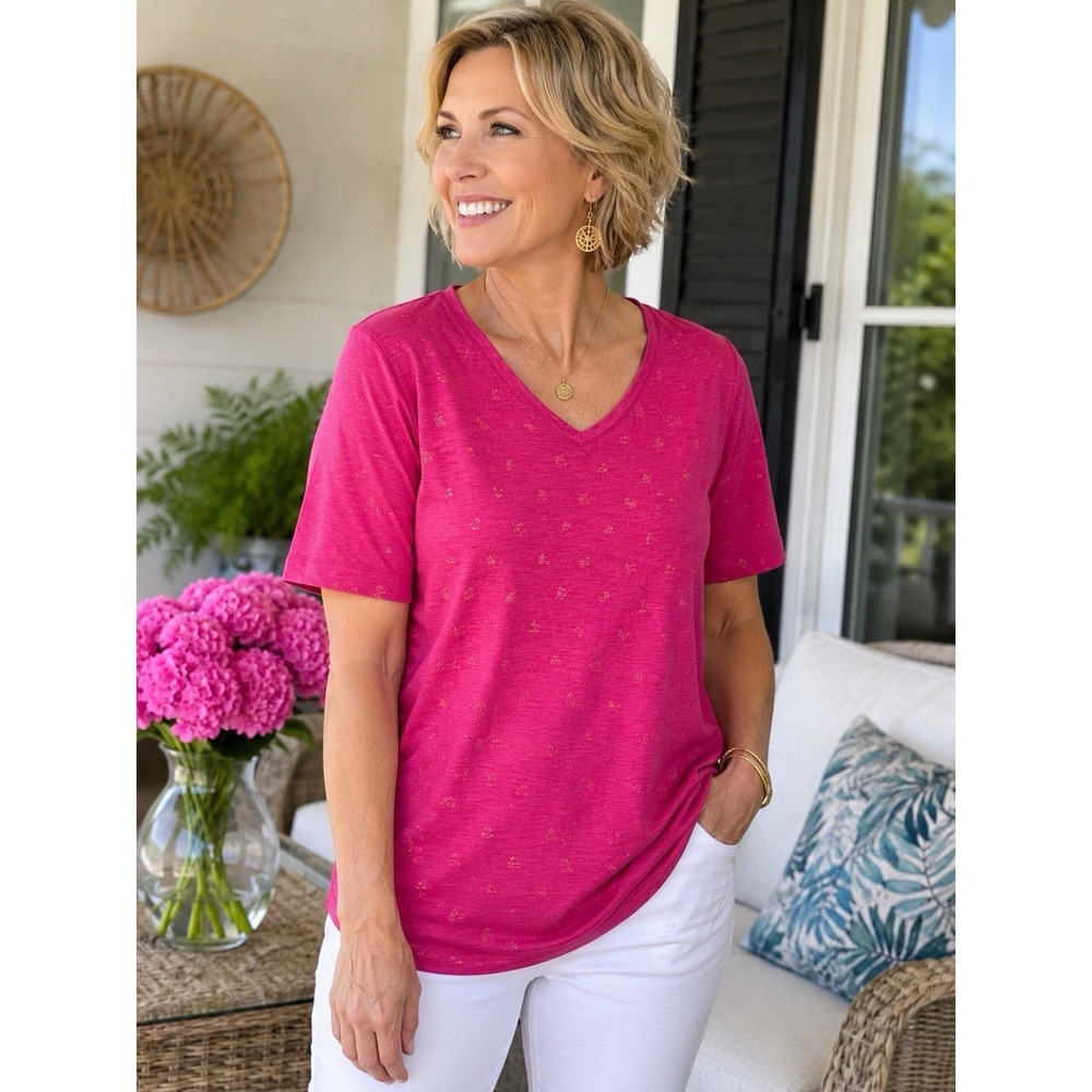Chicos The Ultimate Tee XL Pink Gold Sailboat Print Shirt Sleeve V-Neck Top